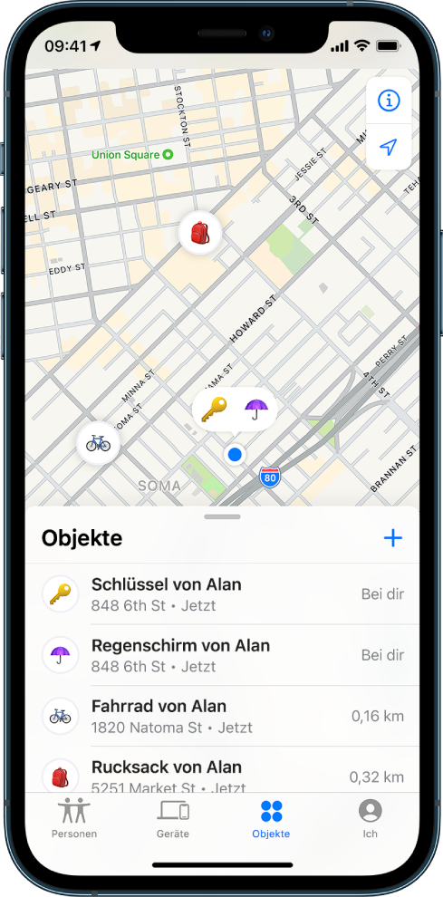 Der Bildschirm „Wo ist?“ mit geöffneter Liste „Objekte“. Vier Objekte sind aufgelistet: Alans Schlüssel, Alans Schirm, Alans Fahrrad und Alans Rucksack. Ihre Standorte werden auf einer Karte von San Francisco angezeigt.
