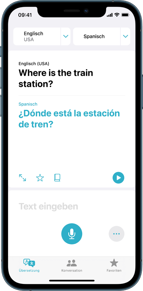 Der Tab „Übersetzen“ mit zwei ausgewählten Sprachen – Englisch und Spanisch – oben, einer Übersetzung in der Mitte und dem Feld „Text eingeben“ unten.
