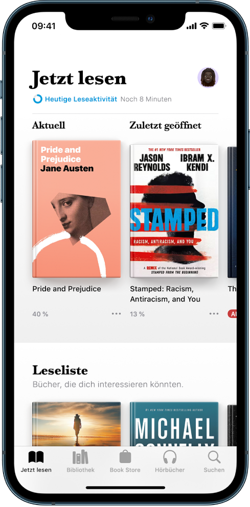 Der Bildschirm „Jetzt lesen“ in der App „Bücher“. Unten auf dem Bildschirm sind von links nach rechts die Tabs „Jetzt lesen“, „Bibliothek“, „Book Store“, „Hörbücher“ und „Suchen“ zu sehen.