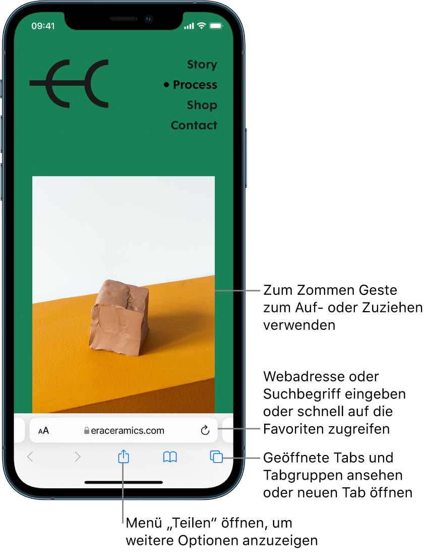 Eine Website ist in Safari geöffnet, das Adressfeld befindet sich unten. Unten sind von links nach rechts die Tasten „Zurück“, „Vorwärts“, „Teilen“, „Lesezeichen“ und Tabs“.