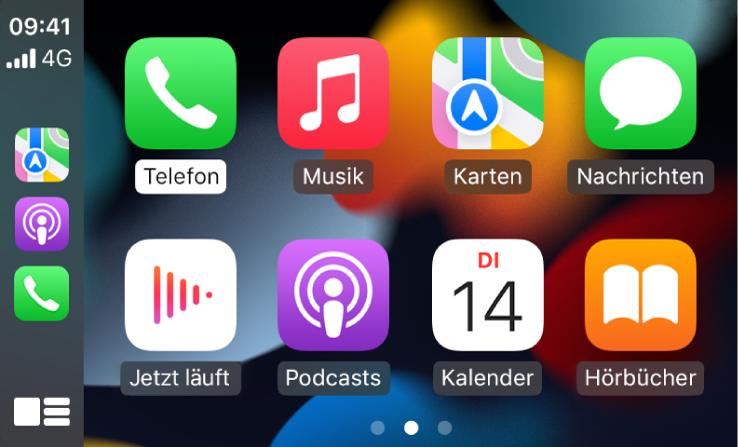 Der CarPlay Home-Bildschirm mit Symbolen für die Apps „Telefon“, „Musik“, „Karten“, „Nachrichten“, „Jetzt läuft“, „Podcasts“, „Hörbücher“ und „Kalender“.