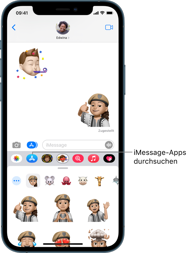 Eine Konversation in der App „Nachrichten“ mit der ausgewählten Taste „App-Übersicht“ bei Verwendung von iMessage. In der geöffneten Übersicht sind Smiley-Sticker zu sehen.