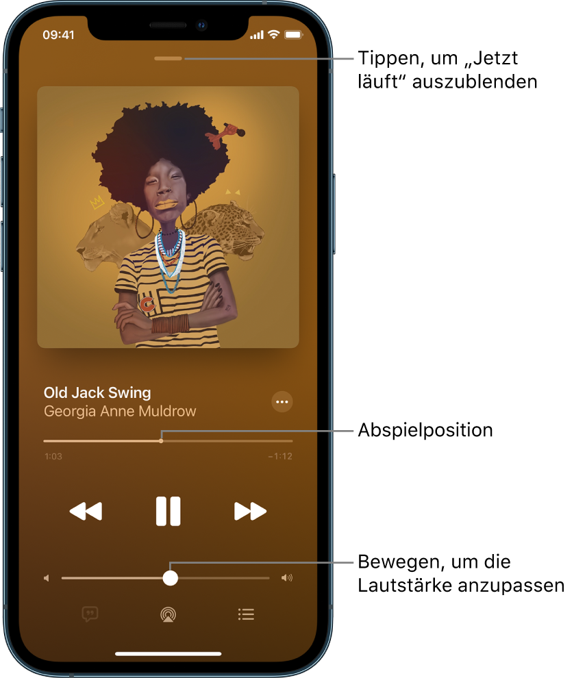 Bildschirm „Jetzt läuft“ mit dem Cover eines Albums. Darunter befinden sich die Namen der Musiktitel, des:der Künstler:in, die Taste „Mehr“, die Abspielposition, die Steuerelemente für die Wiedergabe, der Lautstärkeregler, die Taste „Liedtext“, die Taste „Wiedergabeziel“ und die Taste „Warteliste“. Die Taste zum Ausblenden des Bildschirms „Jetzt läuft“ ist ganz oben.