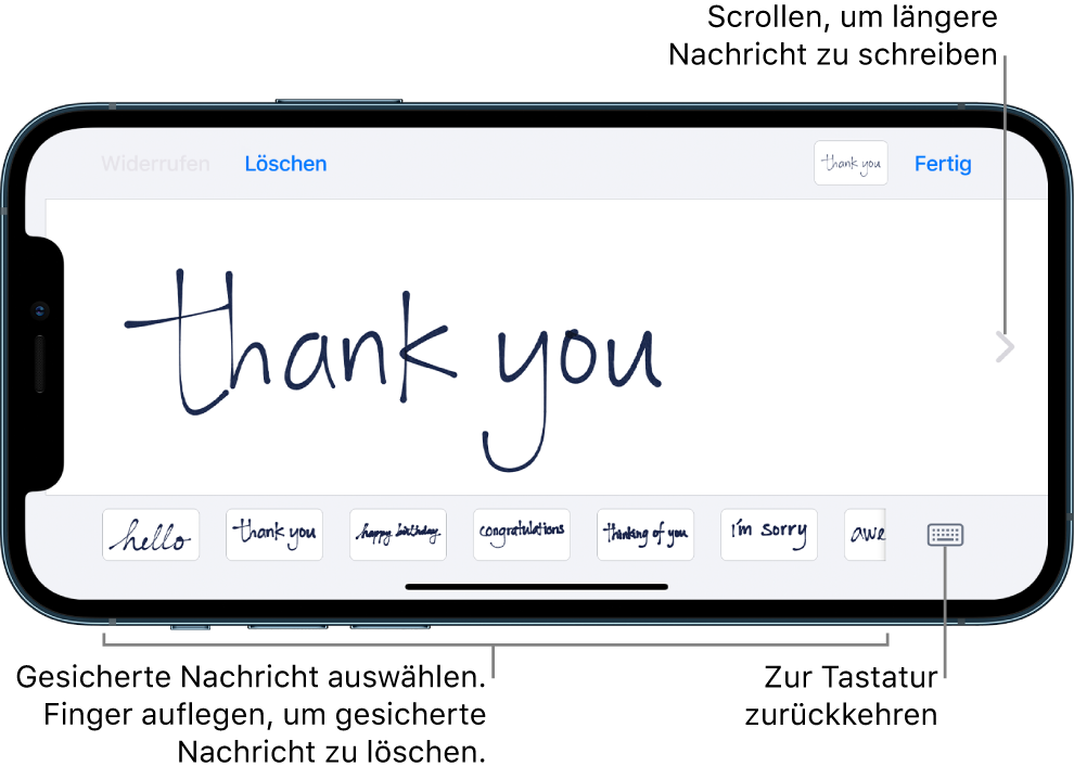 Der Handschriftbildschirm mit einer handschriftlichen Nachricht. Unten befinden sich von links nach rechts die gesicherten Nachrichten und die Taste „Tastatur anzeigen“.