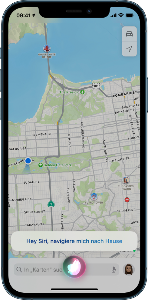 Eine Karte mit der Antwort „Ich suche die Route nach Hause“ von Siri am unteren Bildschirmrand.