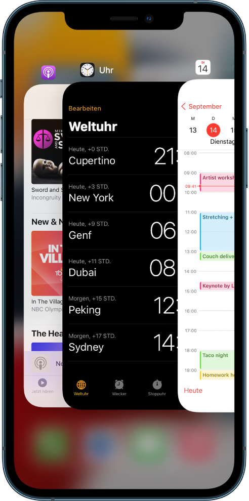 Der App-Umschalter. Die Symbole der geöffneten Apps werden oben angezeigt. Der aktuelle Bildschirm jeder App ist unterhalb ihres Symbols zu sehen.