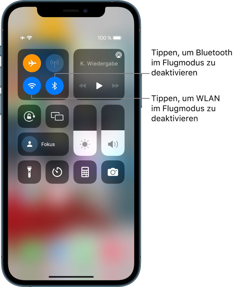 Kontrollzentrum mit aktiviertem Flugmodus. In der Gruppe mit Steuerelementen oben links befinden sich die Taste „WLAN“ (unten links) und „Bluetooth“ (unten rechts).