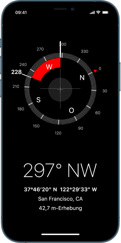 Die App „Kompass“ mit der Richtung, in die das iPhone zeigt, sowie den Koordinaten und der Höhe des aktuellen Standorts.
