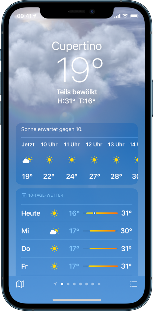 Auf dem Bildschirm „Wetter“ ist Folgendes von oben nach unten zu sehen: der Ort, die aktuelle Temperatur, die Höchst- und Tiefsttemperaturen des Tages, die stündliche Vorhersage und die 10-Tage-Vorhersage. Die Anzahl der Punkte am unteren Bildschirmrand zeigt die Anzahl der Orte in der Ortsliste. Unten rechts befindet sich die Taste „Ortsliste“ und unten links ist die Taste „Karte einblenden“.