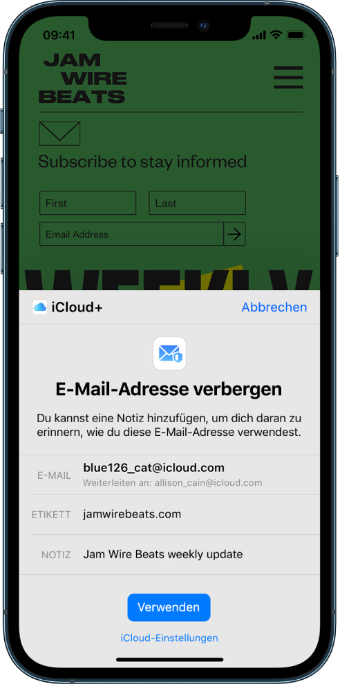 In der unteren Hälfte des Bildschirms befindet sich die Option „E-Mail-Adresse verbergen“ für iCloud+. Sie listet eine zufällig generierte E-Mail-Adresse, eine Weiterleitungsadresse, eine Beschriftung und eine Notiz auf. Unten auf dem Bildschirm ist eine Taste „Verwenden“ und ein Link zu iCloud-Einstellungen.