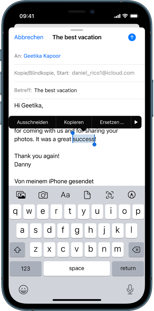 Beispiel einer E-Mail-Nachricht mit ausgewähltem Text. Über der Auswahl befinden sich die Tasten „Ausschneiden“, „Kopieren“, „Einsetzen“ und „Ersetzen“. Der ausgewählte Text wird hervorgehoben und am Anfang und Ende des ausgewählten Textes befinden sich Aktivpunkte.