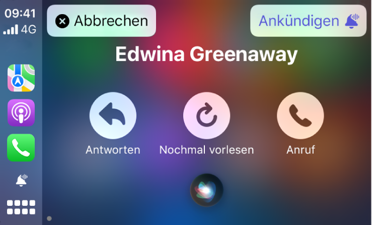 Siri zeigt die Optionen für Antworten, erneutes Vorlesen und Anrufen für eine eingehende Textnachricht in CarPlay an. Oben links befindet sich die Taste „Abbrechen“ und oben rechts die Taste „Ankündigen“.