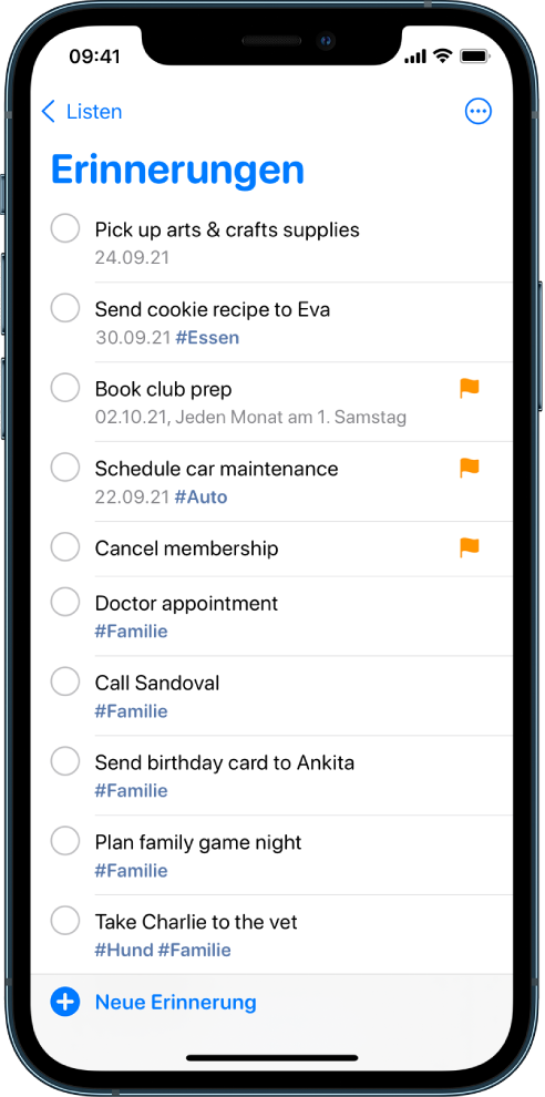 Ein Bildschirm „Erinnerungen“ mit einer Aufgabenliste. Die Taste „Neue Erinnerung“ wird unten links angezeigt.