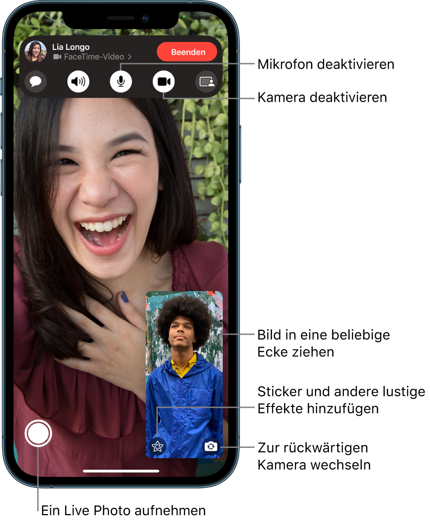 Der Bildschirm „FaceTime“ während eines Anrufs. Dein Bild wird in einem kleinen Rechteck rechts unten angezeigt. Das Bild der anderen Person füllt den Bildschirm. Am unteren Bildschirmrand sind die Tasten „Live Photo“, „Effekte“ und „Zu hinterer Kamera wechseln“ zu sehen. Die FaceTime-Steuerelemente befinden sich oben auf dem Bildschirm, darunter „Nachrichten öffnen“, „Audio“, „Ton ein“, „Kamera ein“ und „Inhalte teilen“. Über den Steuerelementen sind der Name oder die Apple-ID der Person, mit der du sprichst, und die Taste „Anruf verlassen“ zu sehen.