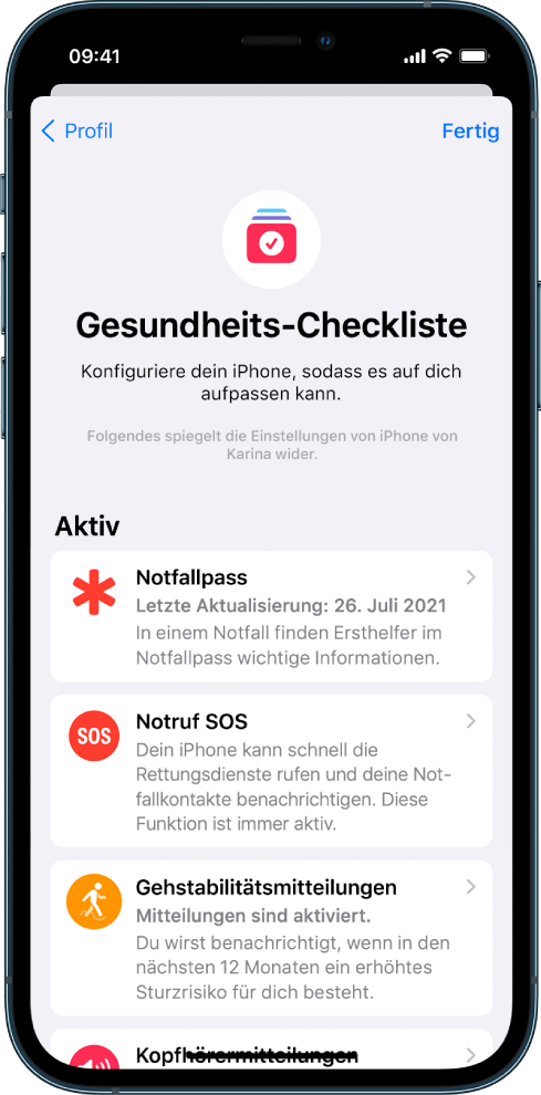 Der Bildschirm „Gesundheits-Checkliste“, auf dem „Notfallpass“ und „Notruf SOS“ als aktiv erkennbar sind.