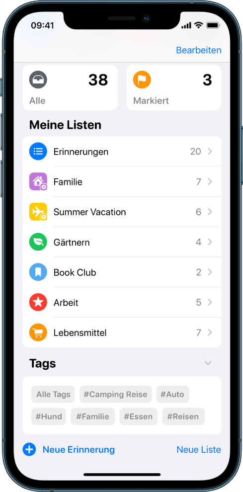 Ein Bildschirm der App „Erinnerungen“ mit verschiedenen Listen. Die Tag-Übersicht befindet sich unten.