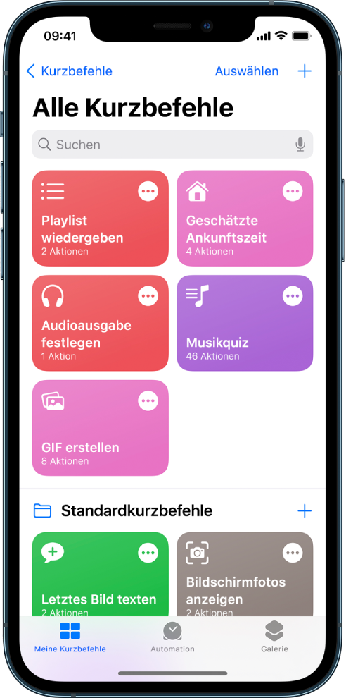 Der Tab „Meine Kurzbefehle“. Eine Liste mit Kurzbefehlen zum Ausführen alltäglicher Aufgaben, etwa zum Einstellen eines Timers für die Teezubereitung oder für die Suche nach einem Sushi-Restaurant. Unten befinden sich die Tabs „Automation“ und „Galerie“.