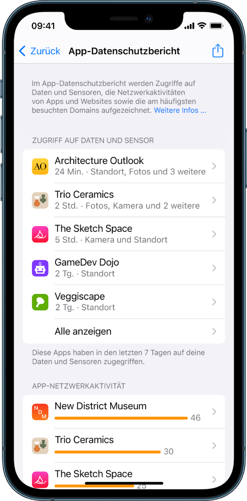 Ein App-Datenschutzbericht mit Informationen zur Kategorie „Daten- & Sensorzugriff“ für fünf Apps sowie Informationen zur Kategorie „App-Netzwerkaktivität“ für drei Apps.