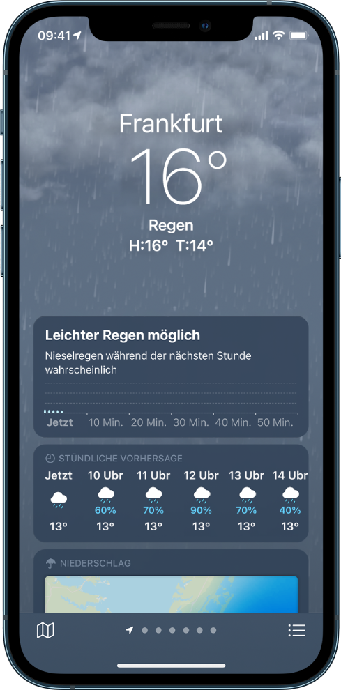 Der Bildschirm „Wetter“ zeigt oben den Ort und die aktuelle Temperatur und Wetterbedingungen, in diesem Fall Regen. Darunter befindet sich ein Diagramm, das die Niederschlagsmenge für die nächste Stunde in 10-Minuten-Schritten anzeigt. Darunter sind die stündliche Vorhersage und eine Niederschlagskarte zu sehen. Unten rechts befindet sich die Taste „Ortsliste“ und unten links ist die Taste „Karte einblenden“.