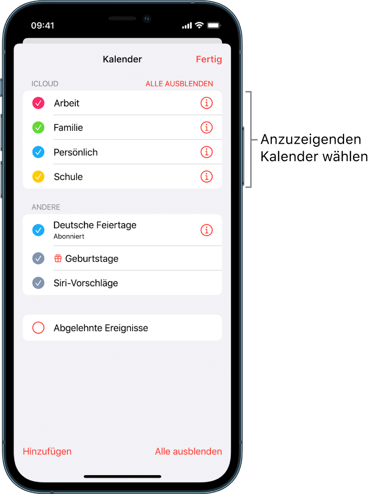 In der Kalenderliste werden die Kalender, die aktiv sind, mit einem Häkchen markiert. Die Taste „Fertig“ zum Schließen der Liste befindet sich in der rechten oberen Ecke.