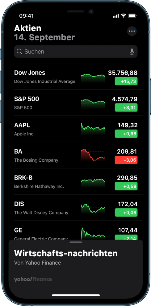 Eine Aktienliste enthält verschiedene Aktien. Jede Aktie in der Liste zeigt von links nach rechts das Aktiensymbol und den Namen der Aktie, ein Entwicklungsdiagramm, den Aktienkurs und Kursänderungen. Oben im Bildschirm wird über der Aktienliste das Suchfeld angezeigt. Unter der Aktienliste befinden sich die neuesten Informationen aus der Geschäftswelt. Streiche darauf nach oben, um Storys anzuzeigen.