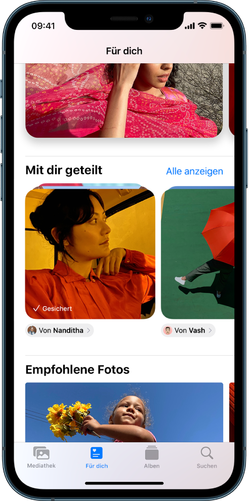 In der App „Fotos“ ist die Anzeige „Für dich“ zu sehen mit Fotosammlungen im Abschnitt „Mit dir geteilt“. Unter jeder Sammlung wird der Name des Kontakts angezeigt, der die Fotos mit dir geteilt hat, sowie eine Taste, mit der du dem Kontakt antworten kannst.