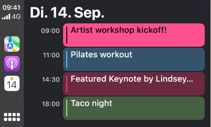 Eine Kalenderansicht in CarPlay, die 4 Ereignisse für Dienstag, den 15. September zeigt.
