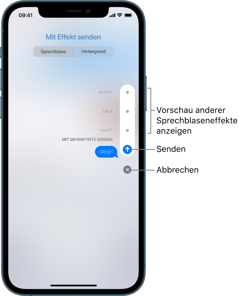 Die Vorschau einer Nachricht mit dem Effekt „Unsichtbare Tinte“. Tippe rechts auf ein Steuerelement, um die anderen Sprechblaseneffekte anzuzeigen. Tippe zum Senden erneut auf das gleiche Element oder tippe auf „Abbrechen“ unten, um zur Nachricht zurückzukehren.