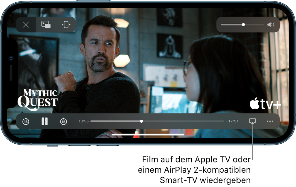 Ein Film wird auf dem iPhone-Bildschirm wiedergegeben. Unten auf dem Bildschirm befinden sich die Steuerelemente für die Wiedergabe, einschließlich der Taste „AirPlay“ unten rechts.