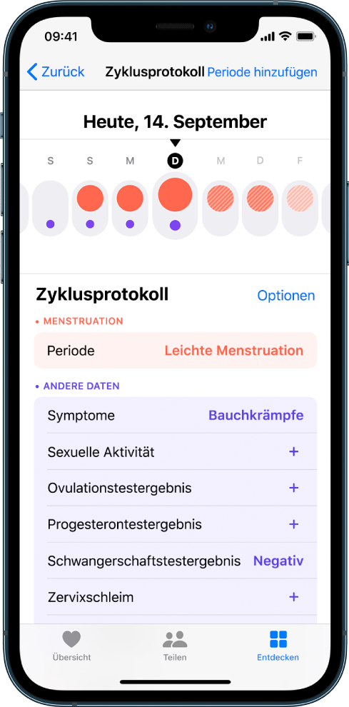 Der Bildschirm „Zyklusprotokoll“ in der App „Health“.