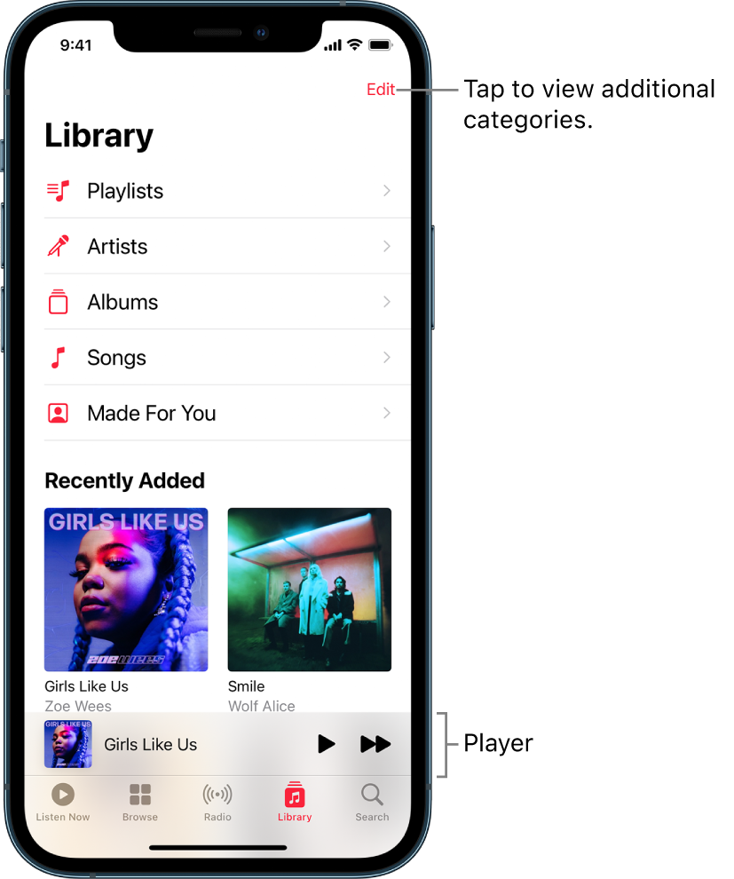 The Library screen showing a list of categories including Playlists, Artists, Albums, and Songs. The Recently Added heading appears below the list. The player showing the title of the current song and the Play and Next buttons appear near the bottom.