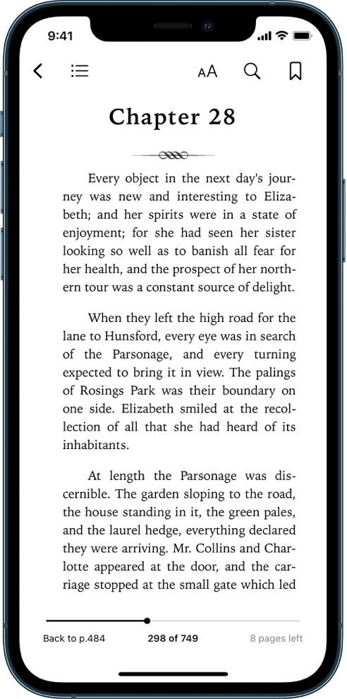 The page of a book open in the Books app with buttons at the top of the screen, from left to right, for closing the book, viewing the table of contents, changing the text, searching, and bookmarking. There’s a slider at the bottom of the screen.