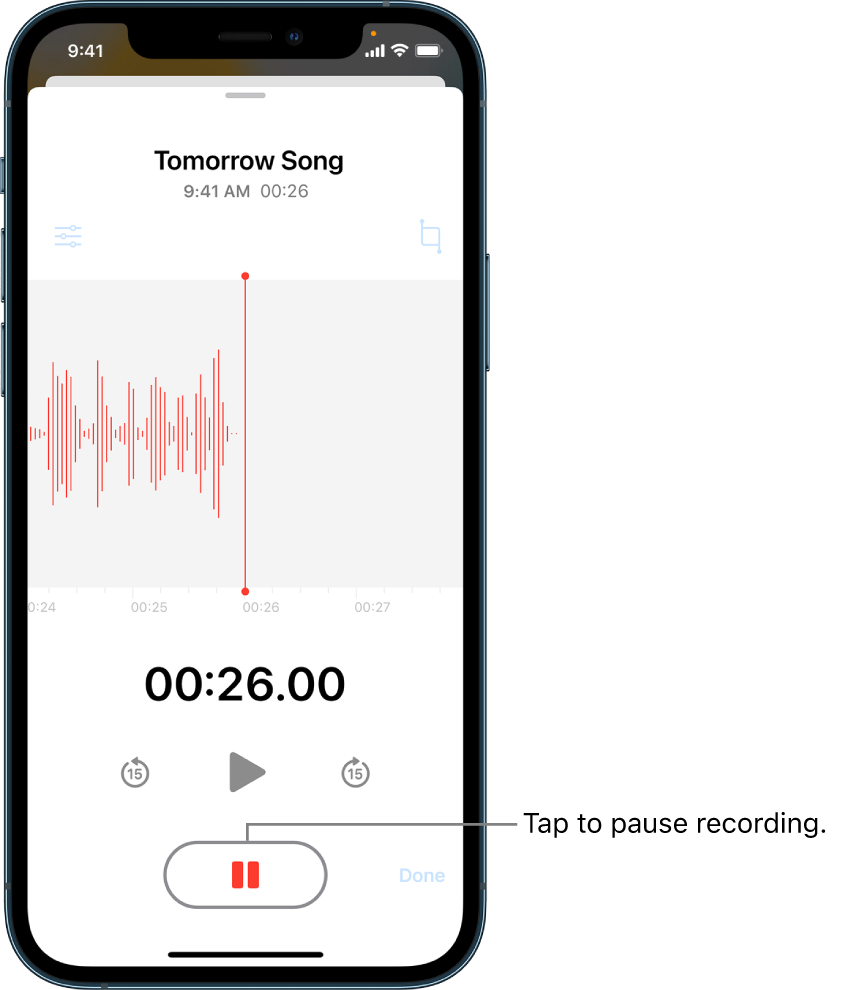 A Voice Memos recording in progress, with an active Pause button and dimmed controls for playing, skipping forward 15 seconds, and skipping backward 15 seconds. The main part of the screen shows the waveform of the recording that’s in progress, along with a time indicator. The orange Microphone In Use Indicator appears at the top right.