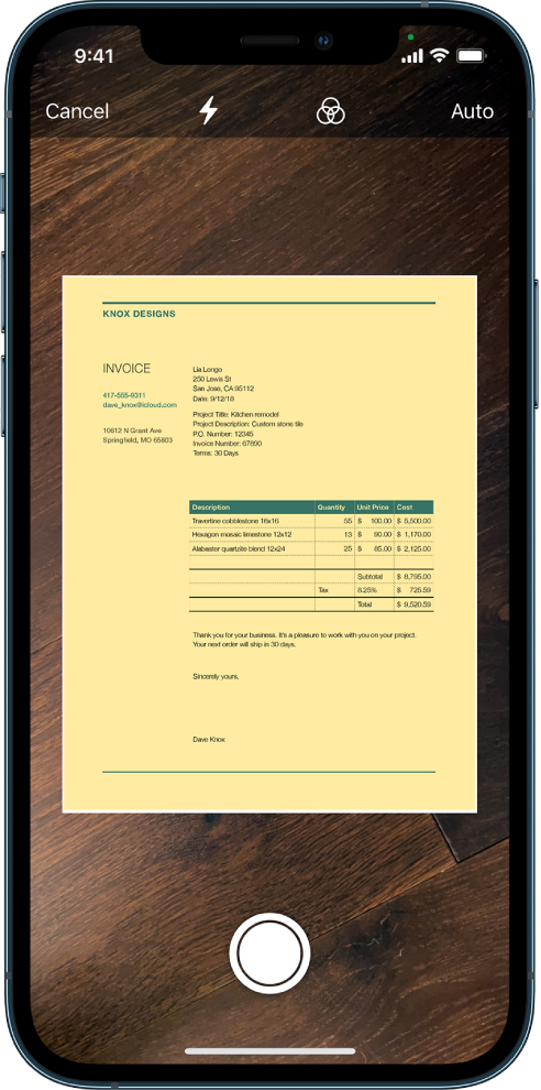 A screen showing a document being scanned. The Take Picture button is at the bottom center.