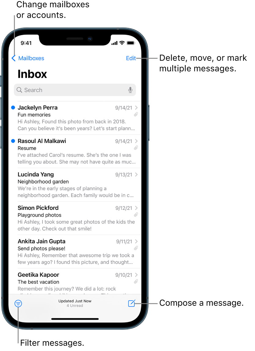 The Inbox, showing a list of emails. The Mailboxes button for switching to another mailbox is in the top-left corner. The Edit button for deleting, moving, or marking emails is in the top-right corner. The button for filtering emails so only certain kinds of emails show is in the bottom-left corner. The button for composing a new email is in the bottom-right corner.