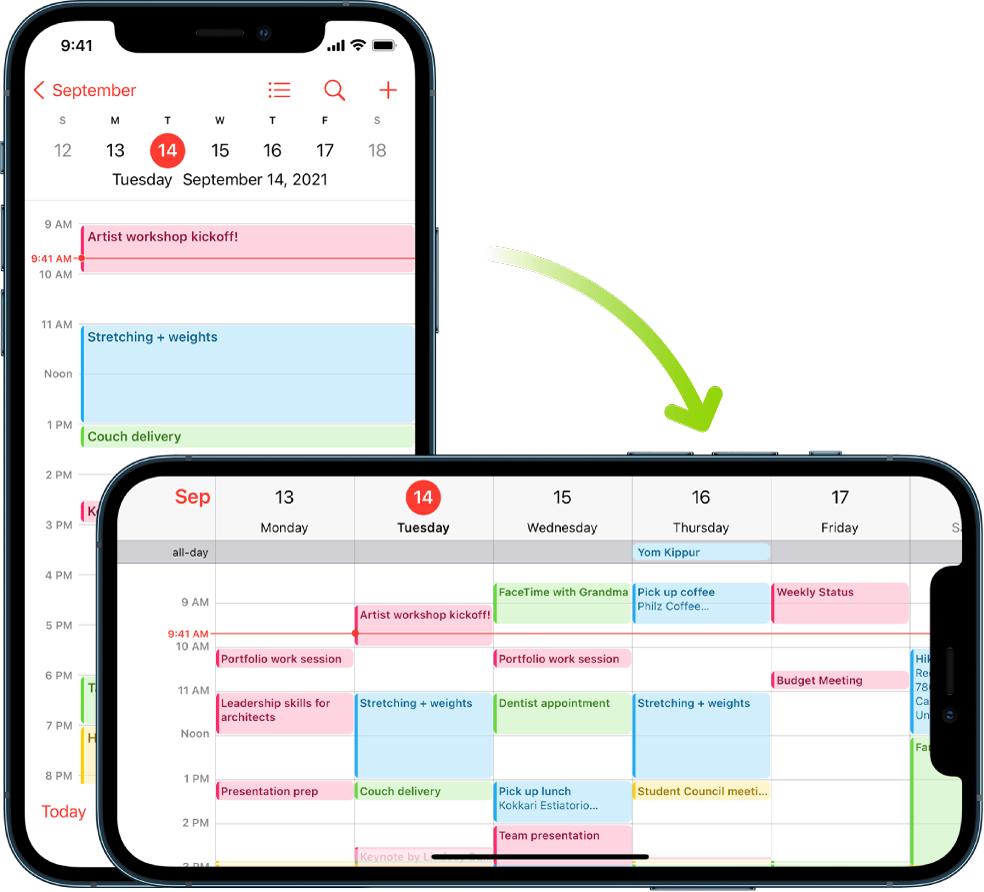 In the background, iPhone displays a Calendar screen, showing one day’s events in portrait orientation; in the foreground, iPhone is rotated to landscape orientation, which displays the Calendar events for the whole week containing the same day.