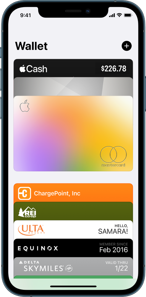 The Wallet screen, showing several payment cards and passes.