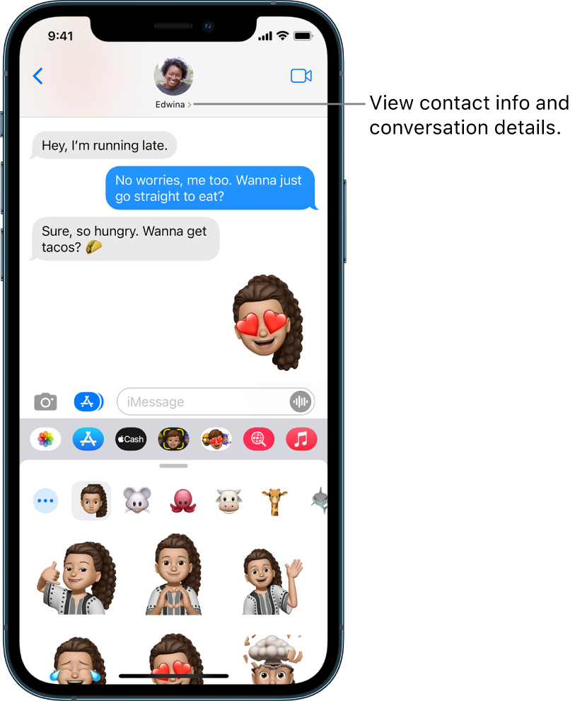 A Messages conversation. Along the top, from left to right, are the Back button, and a photo of the person you’re messaging. At the center are the messages sent and received during the conversation. Along the bottom, from left to right, are the Photos, Stores, Apple Pay, Memoji, Hashtag Images, Music, and Digital Touch buttons.