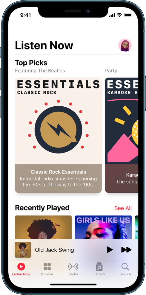 The Listen Now screen showing the profile button at the top right. Top Picks playlists appear below. Below Top Picks is the Recently Played section, showing two albums.