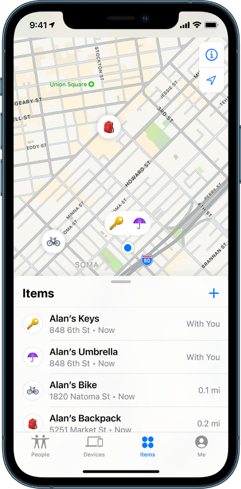The Find My screen open to the Items list. There are four items in the list: Alan’s Keys, Alan’s Umbrella, Alan’s Bike, and Alan’s Backpack. Their locations are shown on a map of San Francisco.