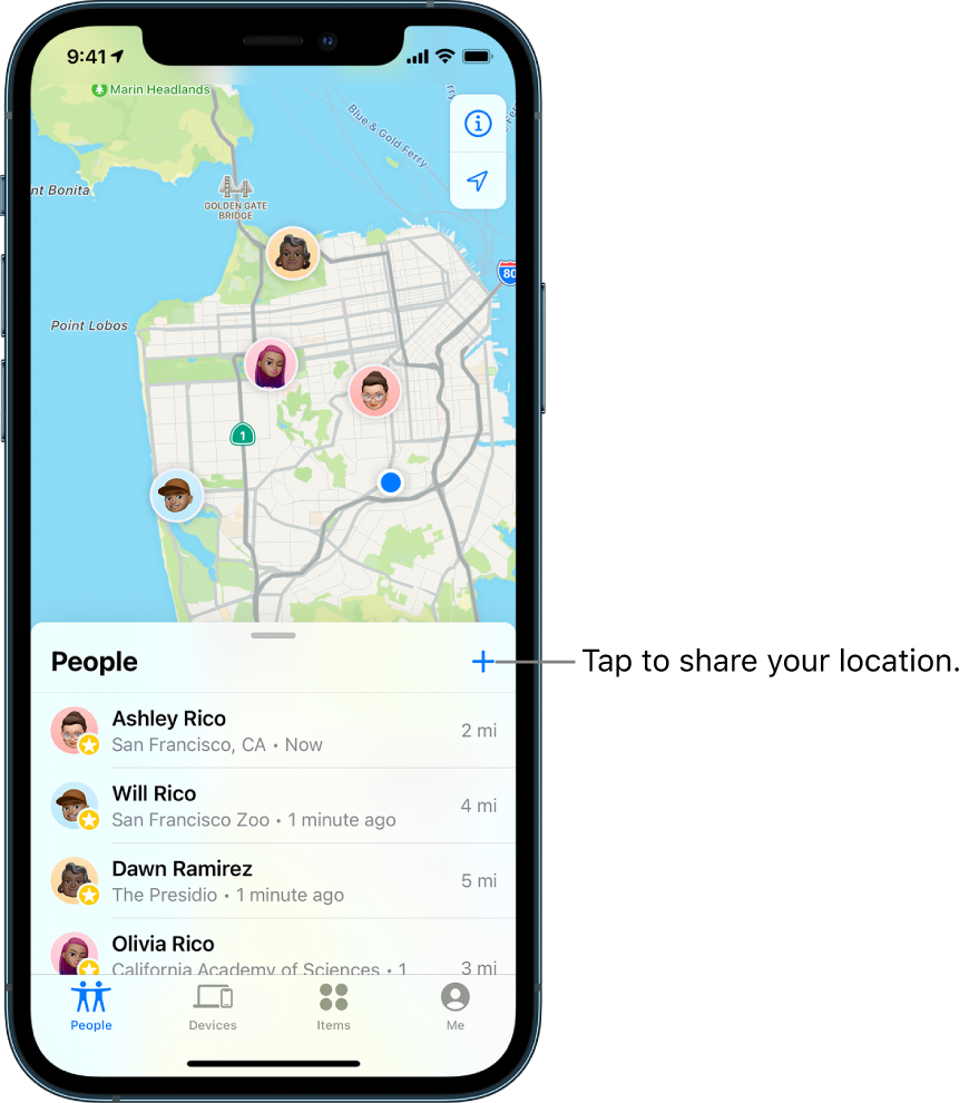 The Find My screen open to the People list. There are four people in the list: Ashley Rico, Will Rico, Dawn Ramirez, and Olivia Rico. Tap the Add button at the top of the People list to share your location.