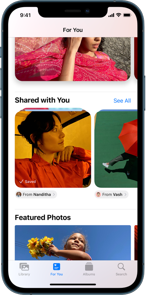 In the Photos app, the For You screen showing the Shared with You photo collections. Below each collection is the name of the contact who shared the photos and a button to reply to that contact.