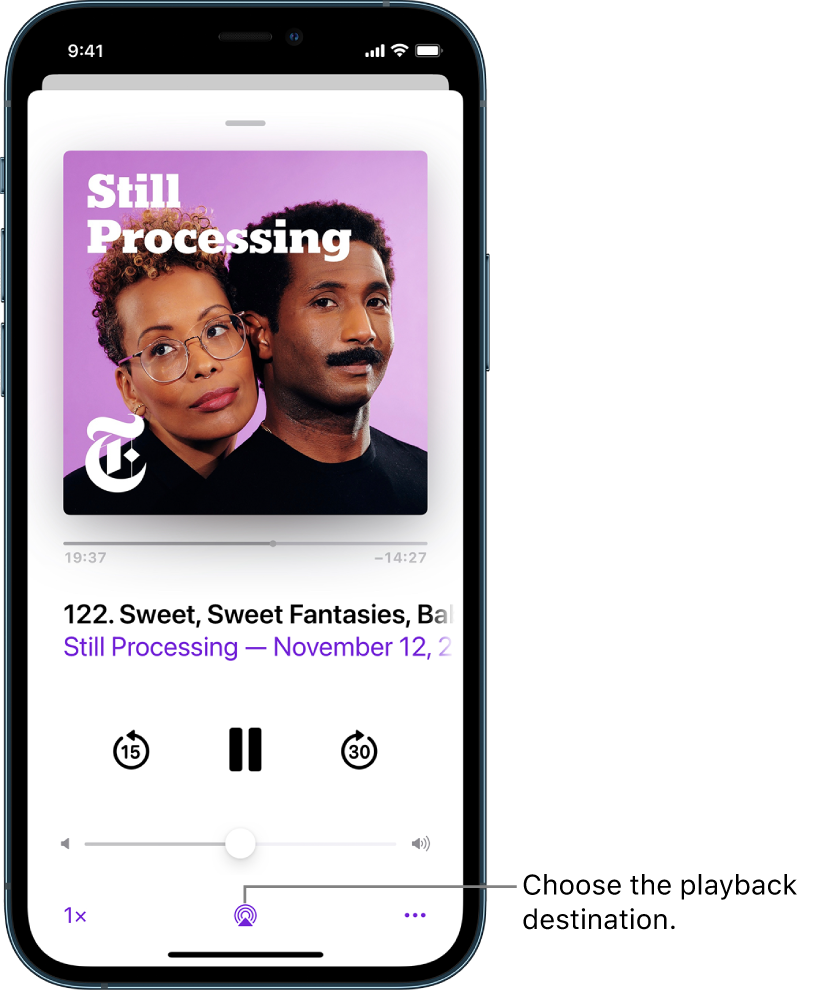 The playback controls for a podcast, including the Playback Destination button at the bottom of the screen.