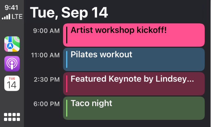 A calendar screen in CarPlay showing 4 events for Tuesday, September 15.