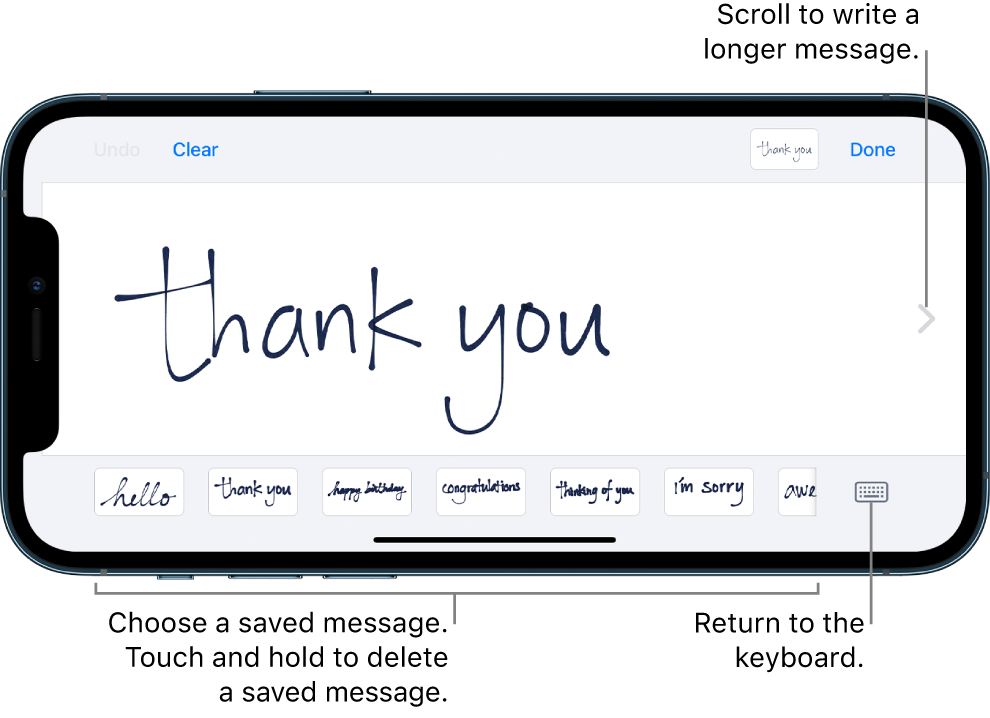 The handwriting screen with a handwritten message. Along the bottom, from left to right, are saved messages and the Show Keyboard button.