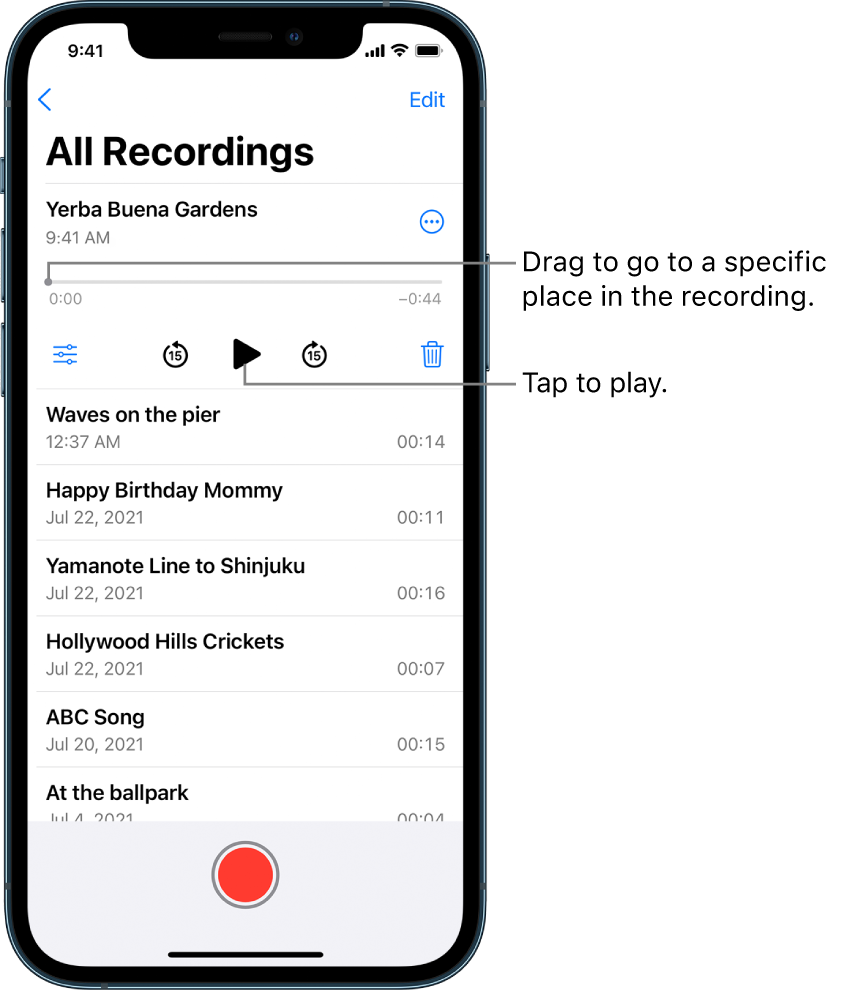 The Voice Memos list screen with a selected recording at the top. The recording timeline has a playhead, which you can drag to go to a specific place in the recording. There are beginning and end times at either end of the timeline. Above the timeline is the More Actions button, which you can tap to copy, share, edit, or duplicate a recording, and more. Below the timeline are the Playback Settings button, which you can use to set playback options, the skip back 15 seconds button, the play button, the skip forward 15 seconds button, and the delete button. Below these controls is a list of recordings that can be opened with a tap.