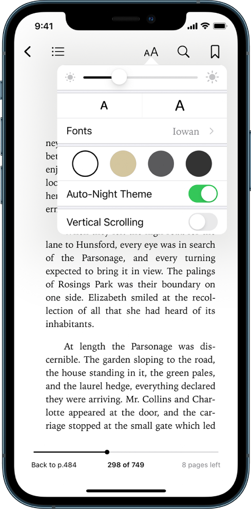 The appearance menu showing controls for, from top to bottom, brightness, font size, font, page color, auto-night theme, and scrolling view.