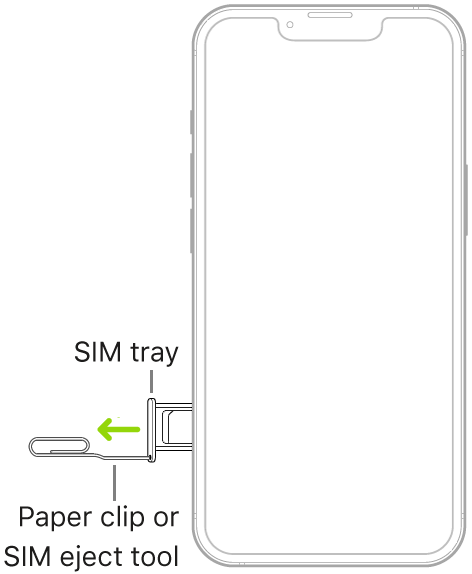 A paper clip or SIM eject tool is inserted into the small hole of the tray on the left side of iPhone to eject and remove the tray.