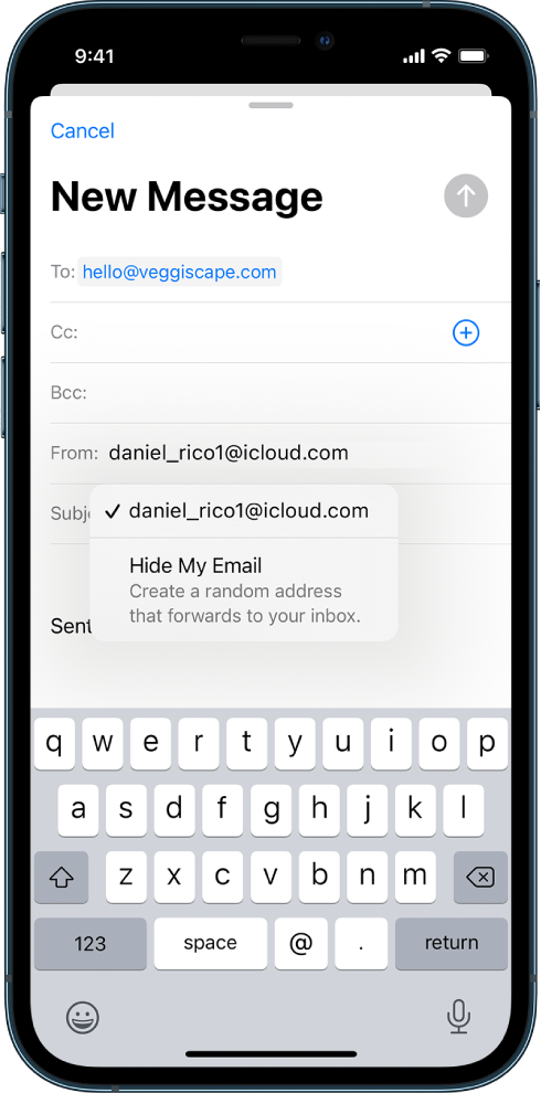 A draft email being composed. The From field is selected with two options listed below it—a personal email address and Hide My Email.