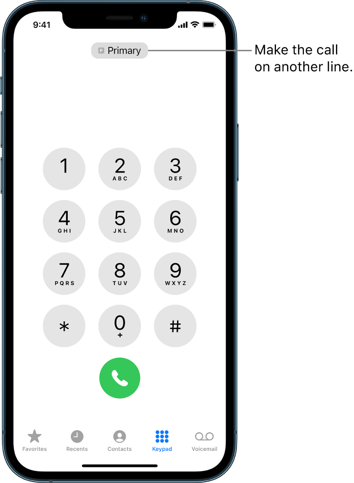 The Phone keypad. Along the bottom of the screen, the tabs from left to right are Favorites, Recents, Contacts, Keypad, and Voicemail.